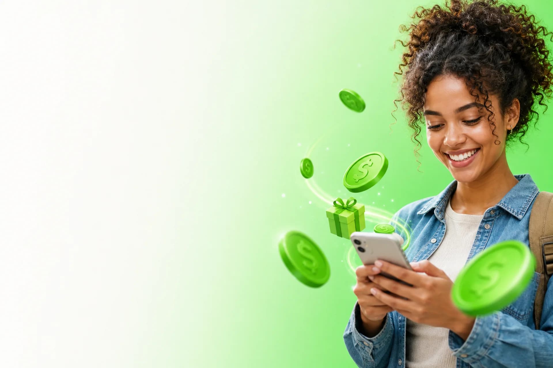 A smiling young woman earning rewards on the Go Hustle app
