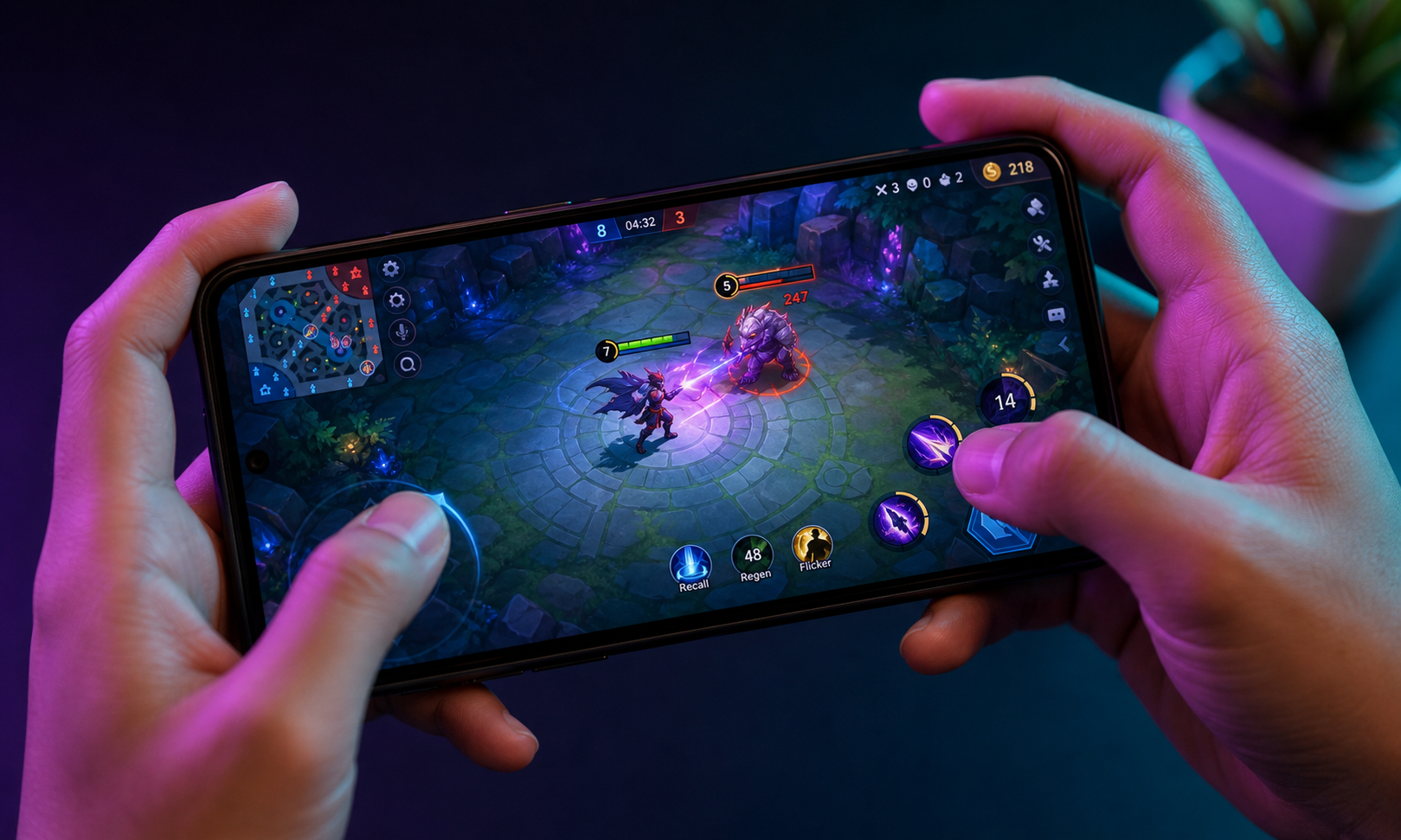 Hands playing a colorful mobile game